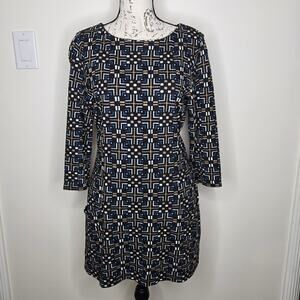 J. McLaughlin Geometric Patterned Multicolor 3/4 Sleeve Dress w/ Pockets Size M